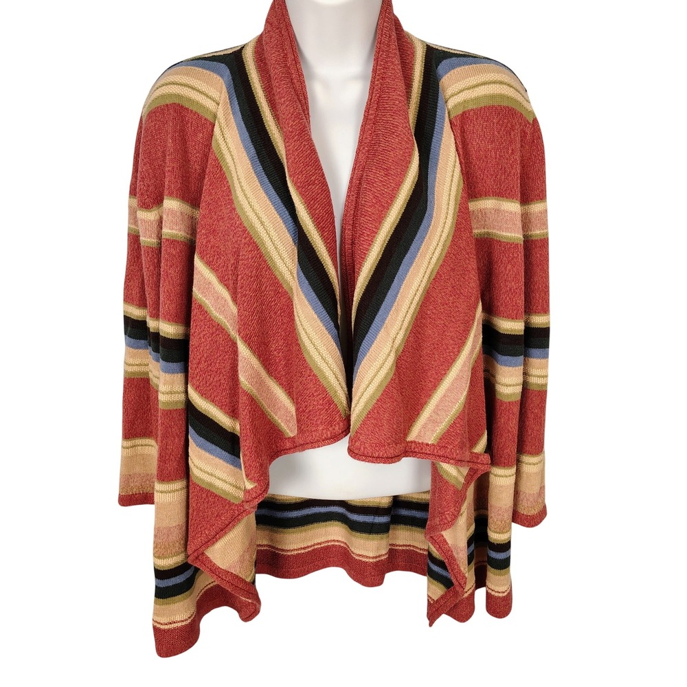 Chaps Denim Womens Large Striped‎ Linen Cotton Open Front Cardigan Sweater Multi